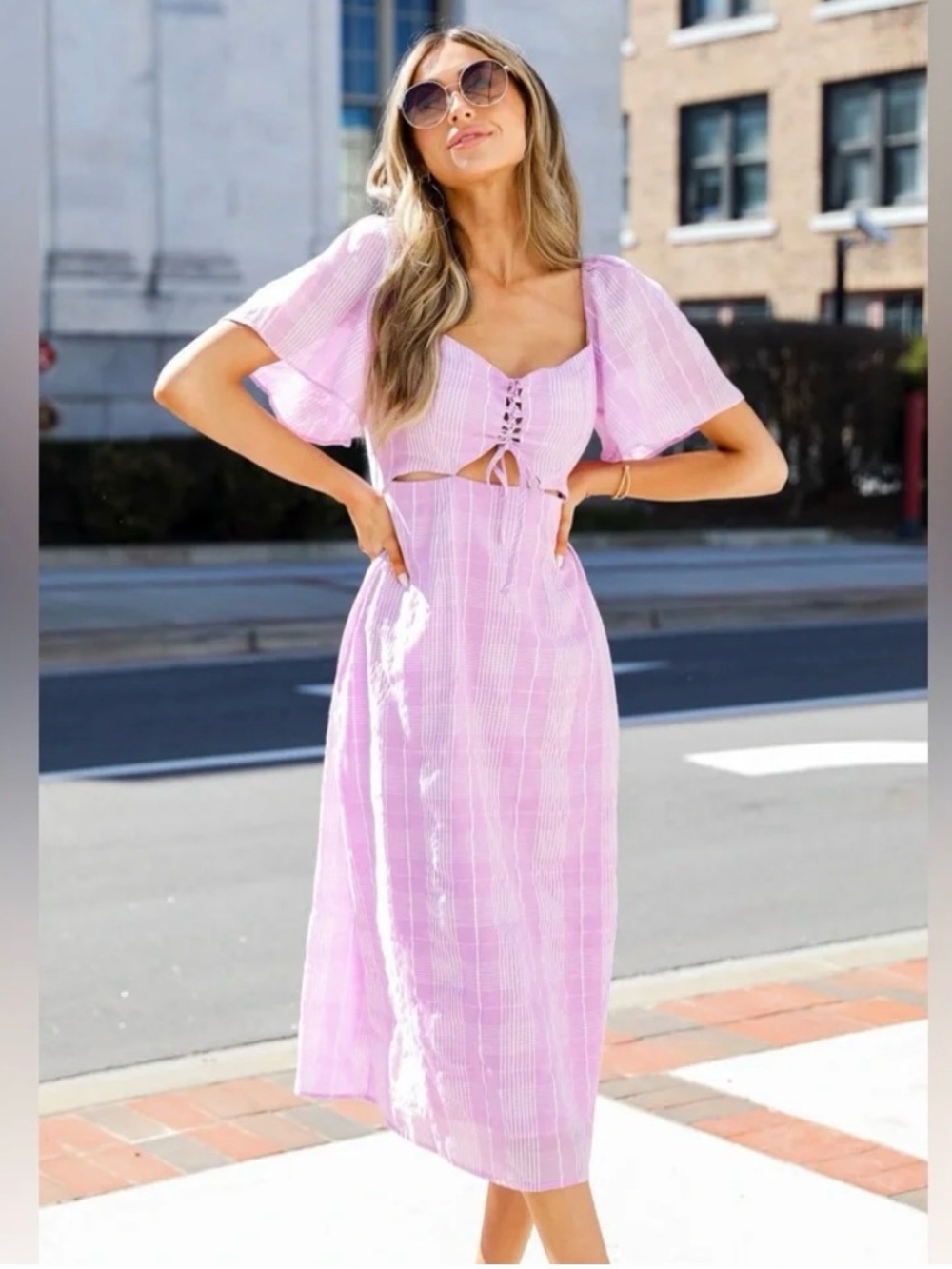 Lush Lilac-Pink Midi Dress with Lace-Up Front & Cutout